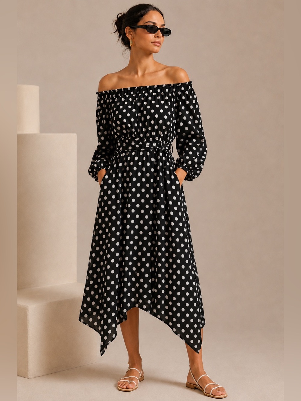 Anthropologie Maeve Gerti Polka Dot Off Shoulder Midi Dress Black White 4